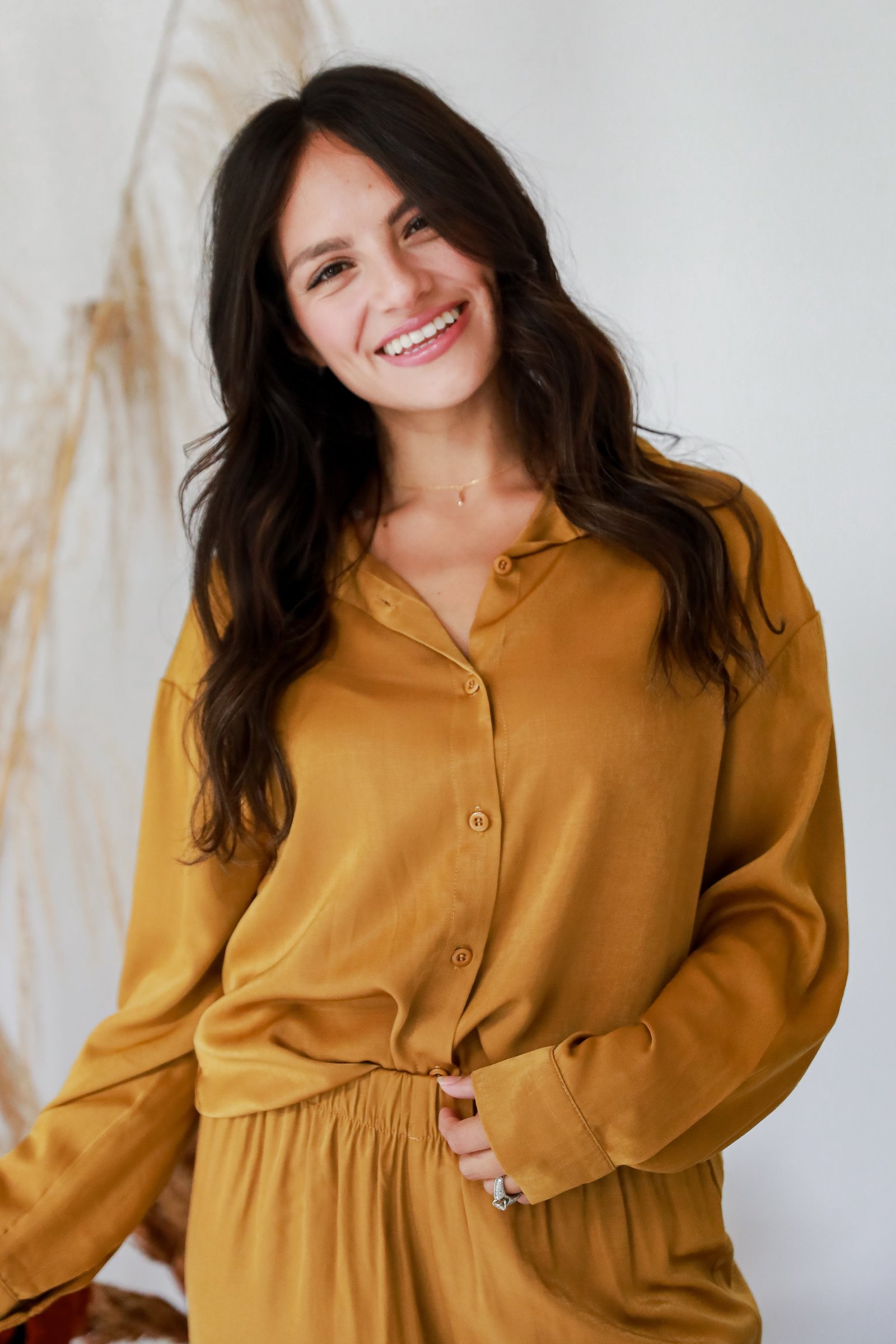 trendy yellow Button-Up Blouse